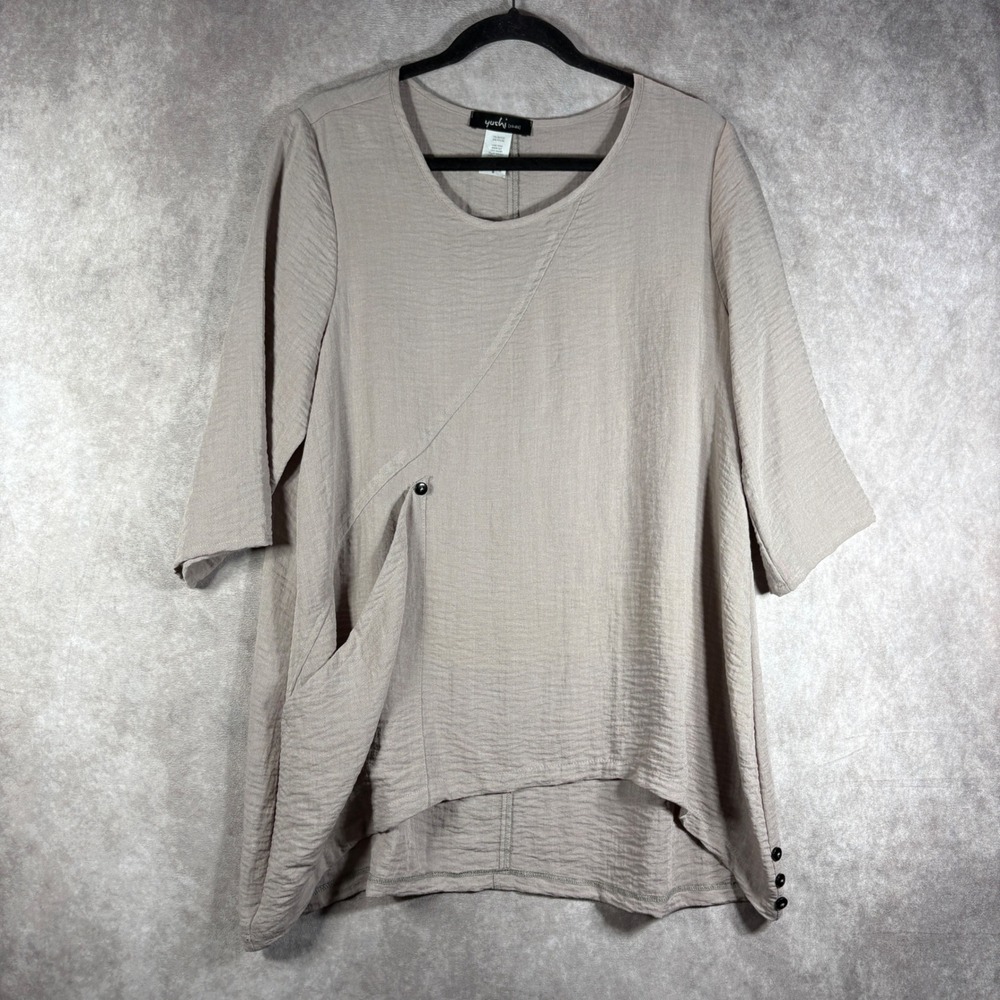 Yushi Tunic Womens Size Medium Tan Asymmetric Pocket Crinkle Lagenlook Boho Top‎